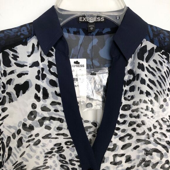 Express NWT Wms XS Sheer Black White Animal Print Button Up Blouse Casual Office - Picture 5 of 10